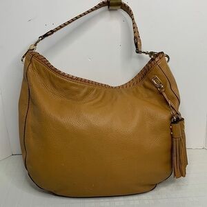 MK Michael Kors Brown Leather Whipstitch Large Hobo Shoulder Bag Gold Hangtag